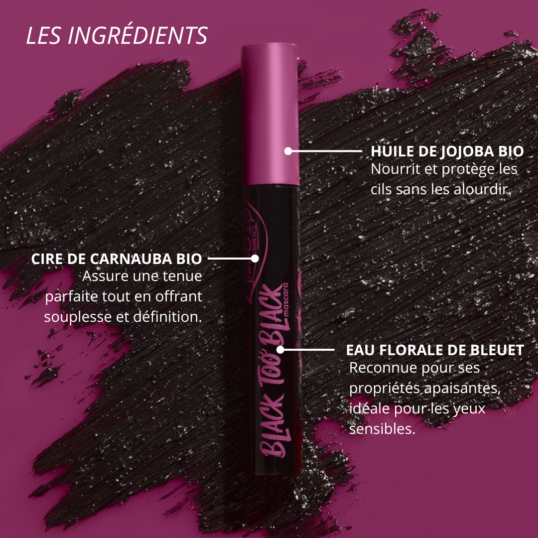 Mascara bio noir avec visuel des ingrédients clés : huile de jojoba bio nourrissante, cire de carnauba bio pour la tenue et eau florale de bleuet apaisante, présenté sur fond texturé noir et rose.