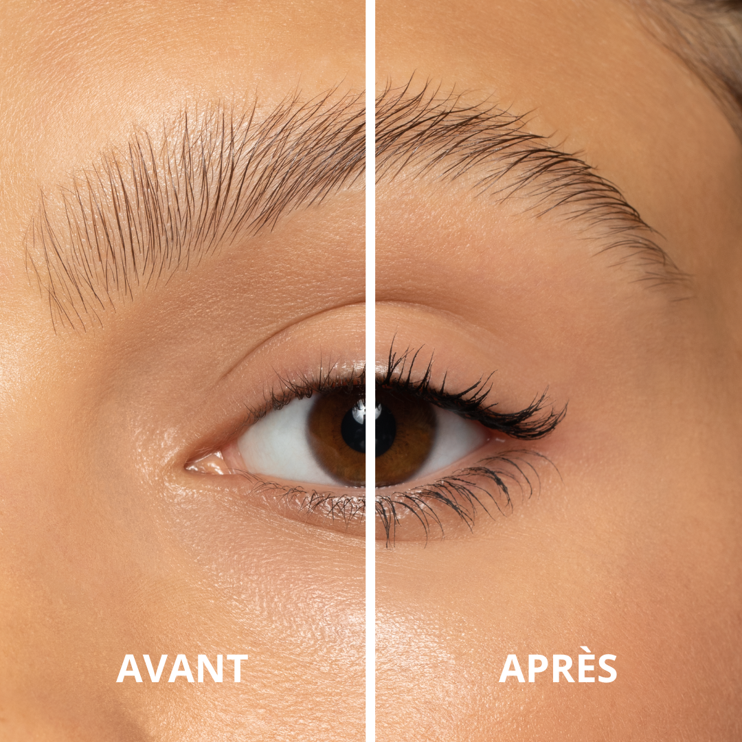 Comparaison avant / après application d’un mascara bio sur un œil : cils plus longs, définis et intensifiés après application pour un regard sublimé.